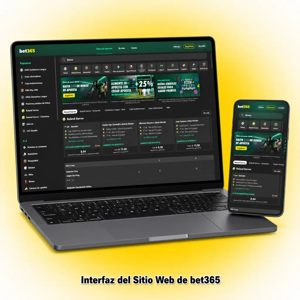 Interfaz del sitio web de bet365 mostrando el menú de navegación